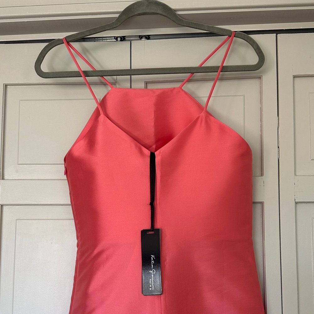 Satin Coral Slip Maxi Dress with Spaghetti Straps - Picture 4 of 10